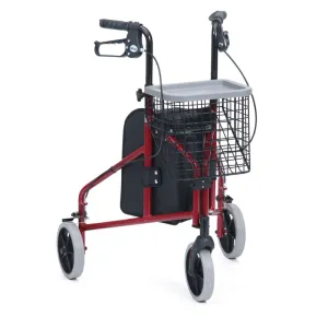 Aluminium Tri Walker with Bag, Basket and Tray | Red | Pack of 2
