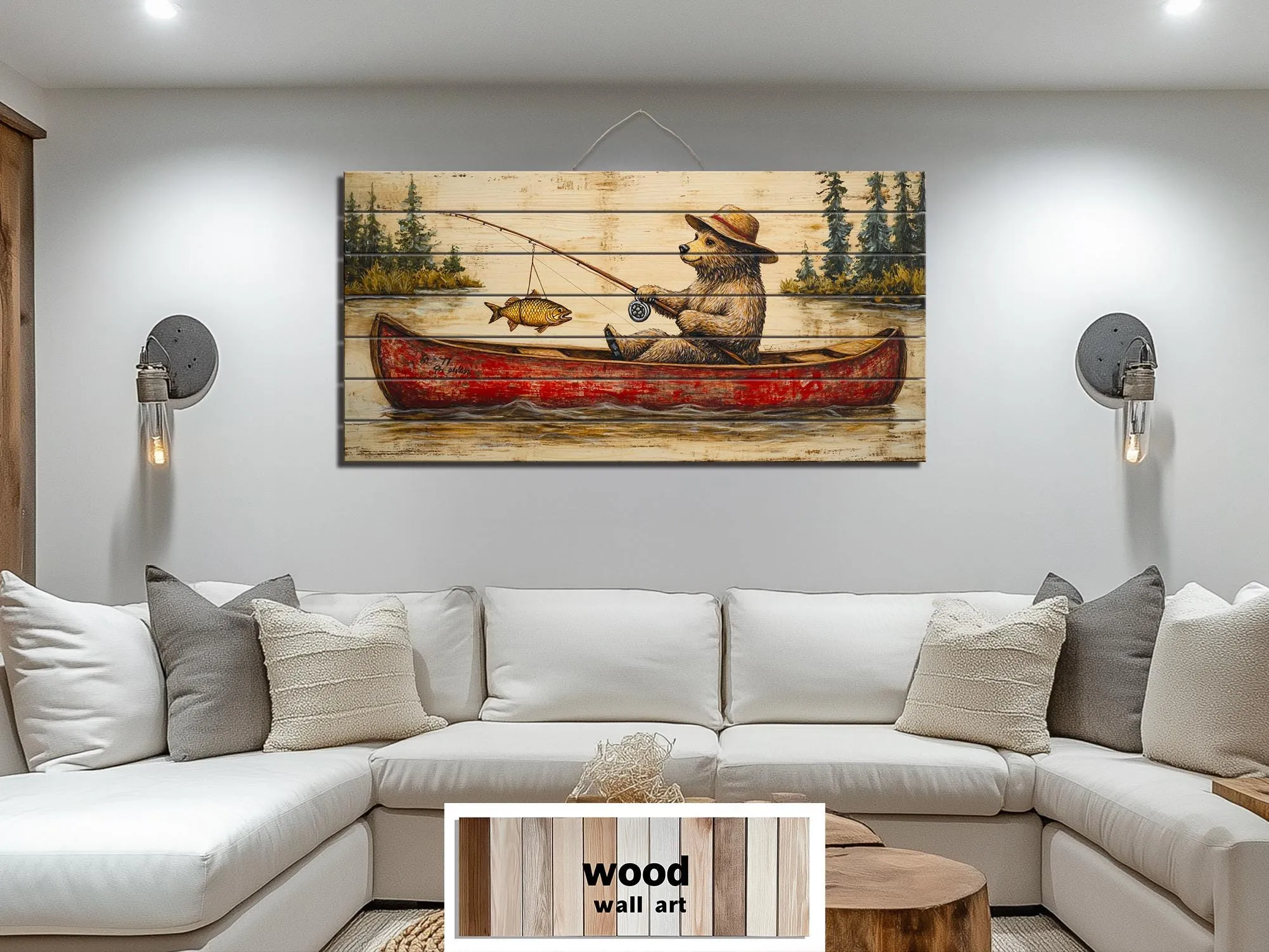 Bear Fishing In Red Canoe Distressed Wood Wall Art
