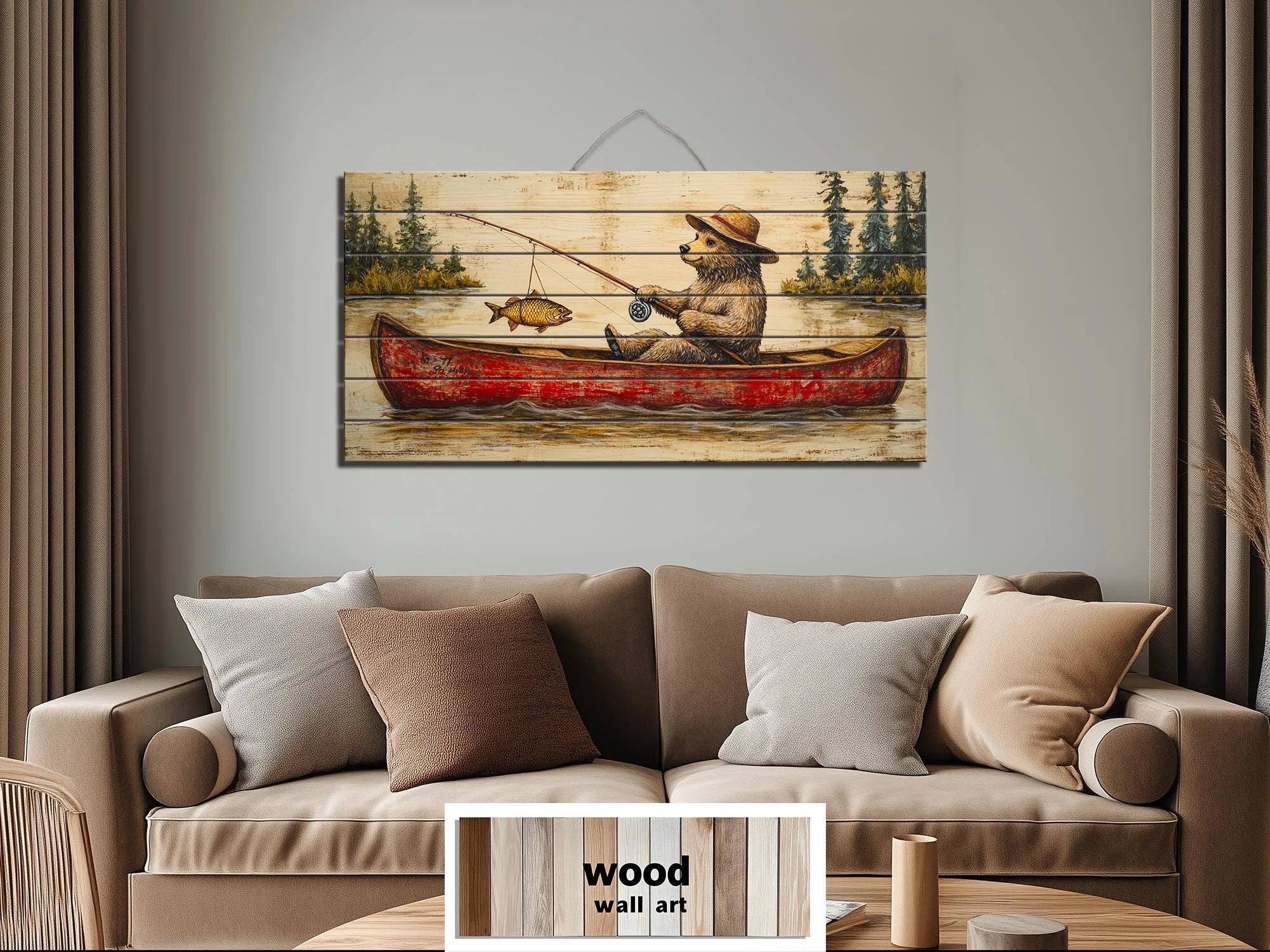 Bear Fishing In Red Canoe Distressed Wood Wall Art