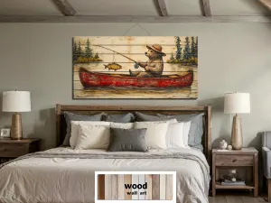 Bear Fishing In Red Canoe Distressed Wood Wall Art