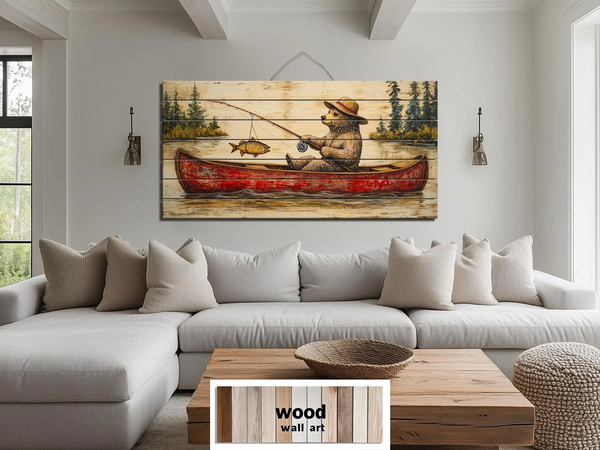 Bear Fishing In Red Canoe Distressed Wood Wall Art