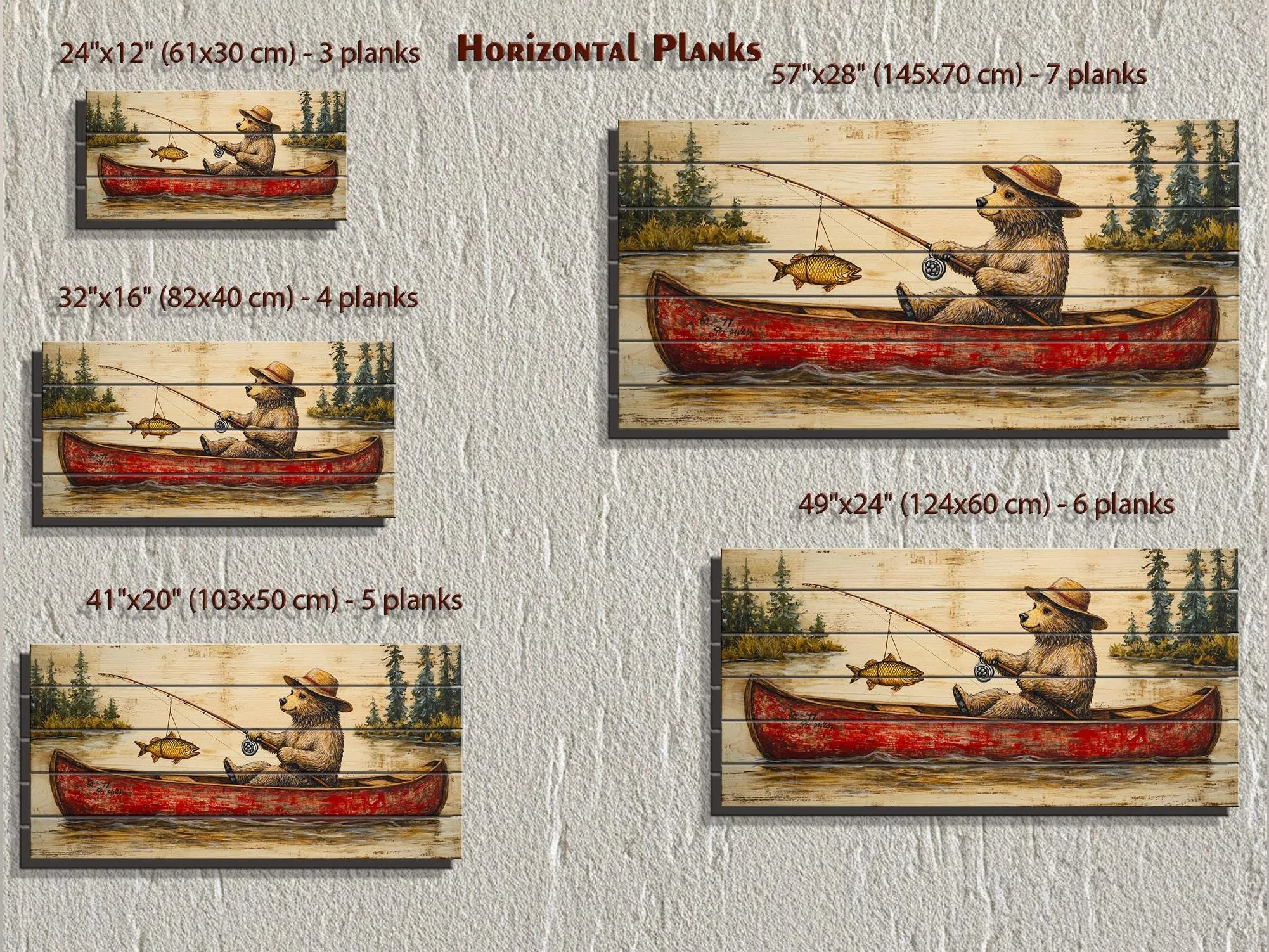 Bear Fishing In Red Canoe Distressed Wood Wall Art