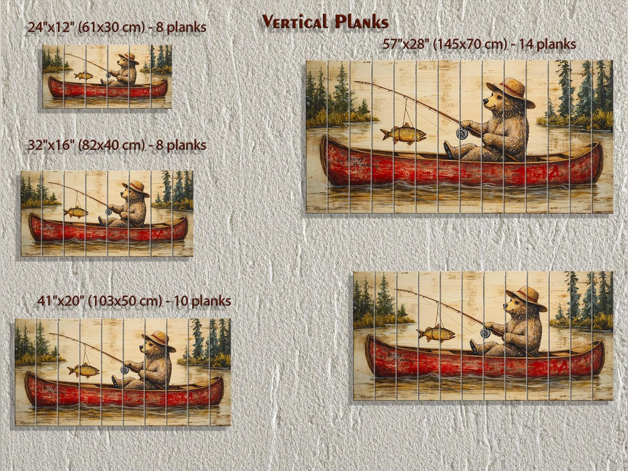 Bear Fishing In Red Canoe Distressed Wood Wall Art