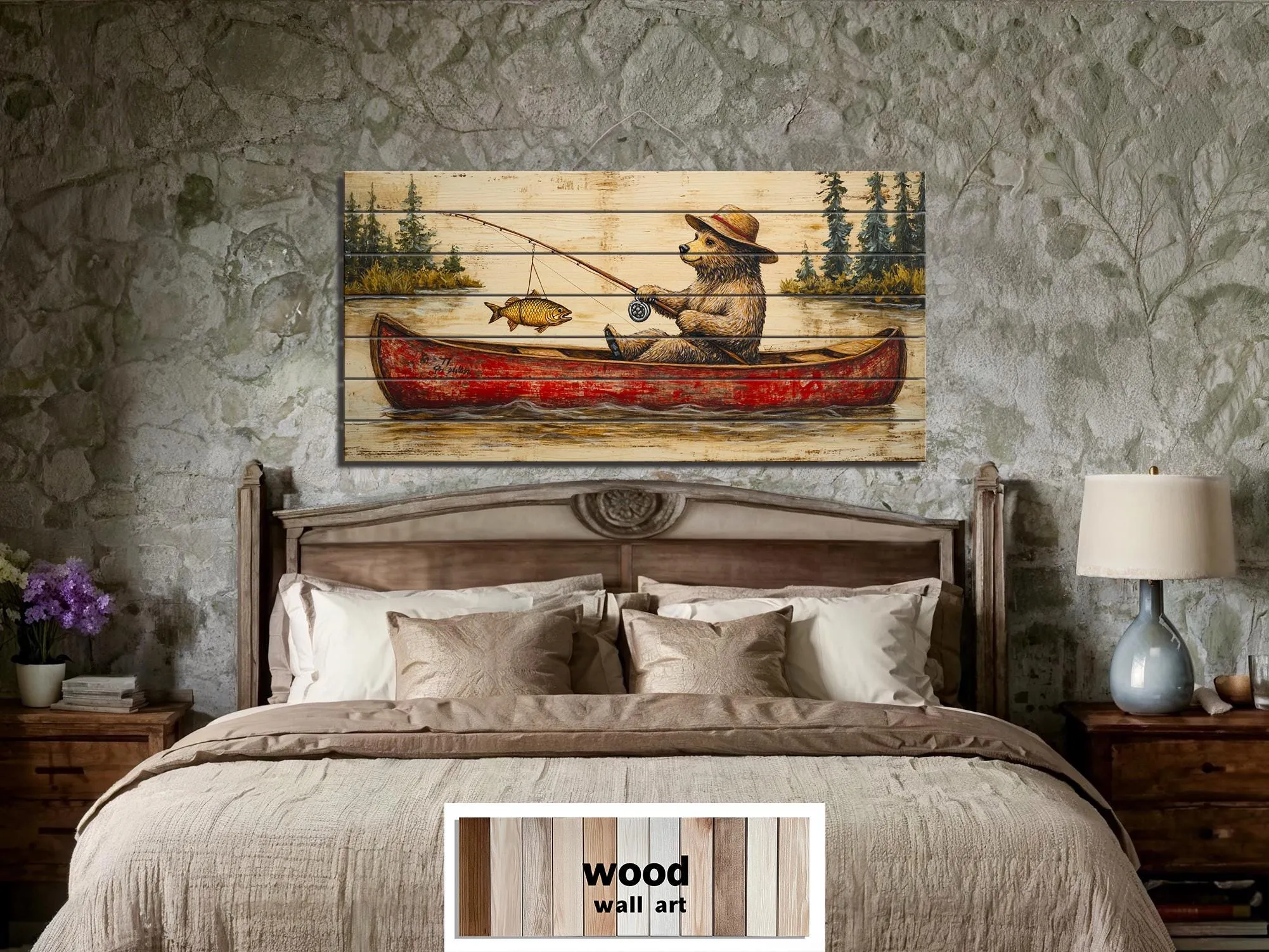 Bear Fishing In Red Canoe Distressed Wood Wall Art