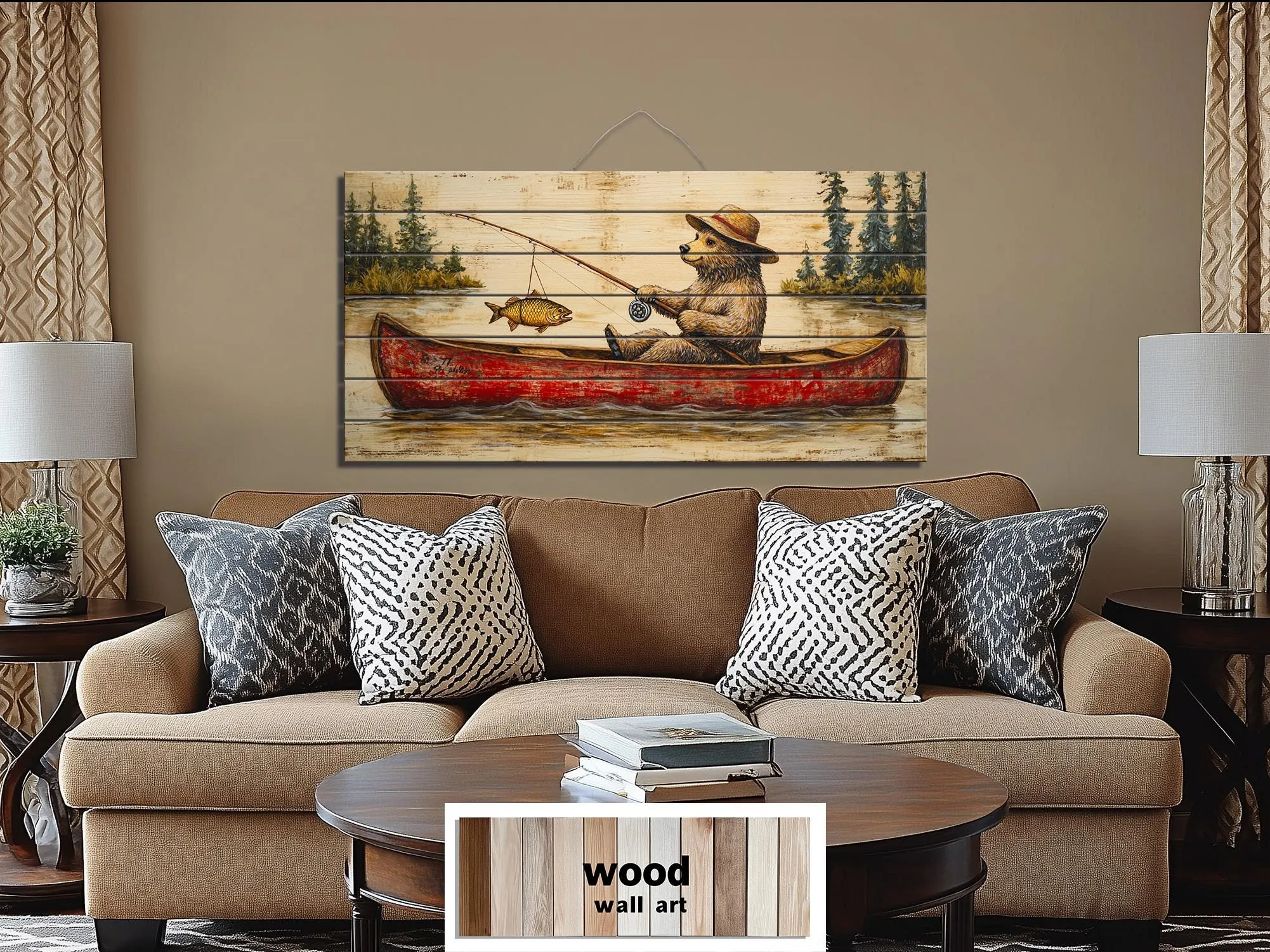 Bear Fishing In Red Canoe Distressed Wood Wall Art