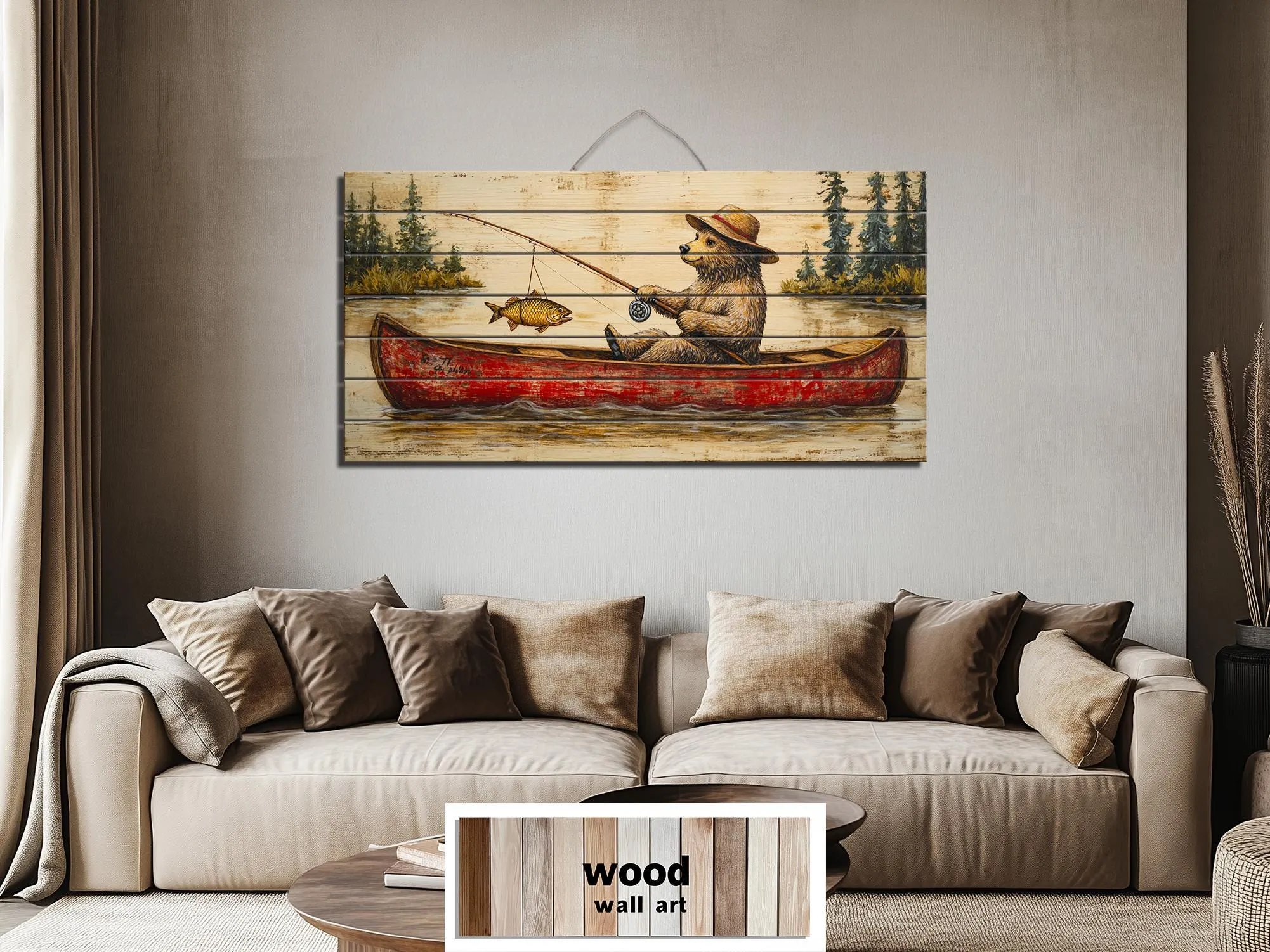 Bear Fishing In Red Canoe Distressed Wood Wall Art