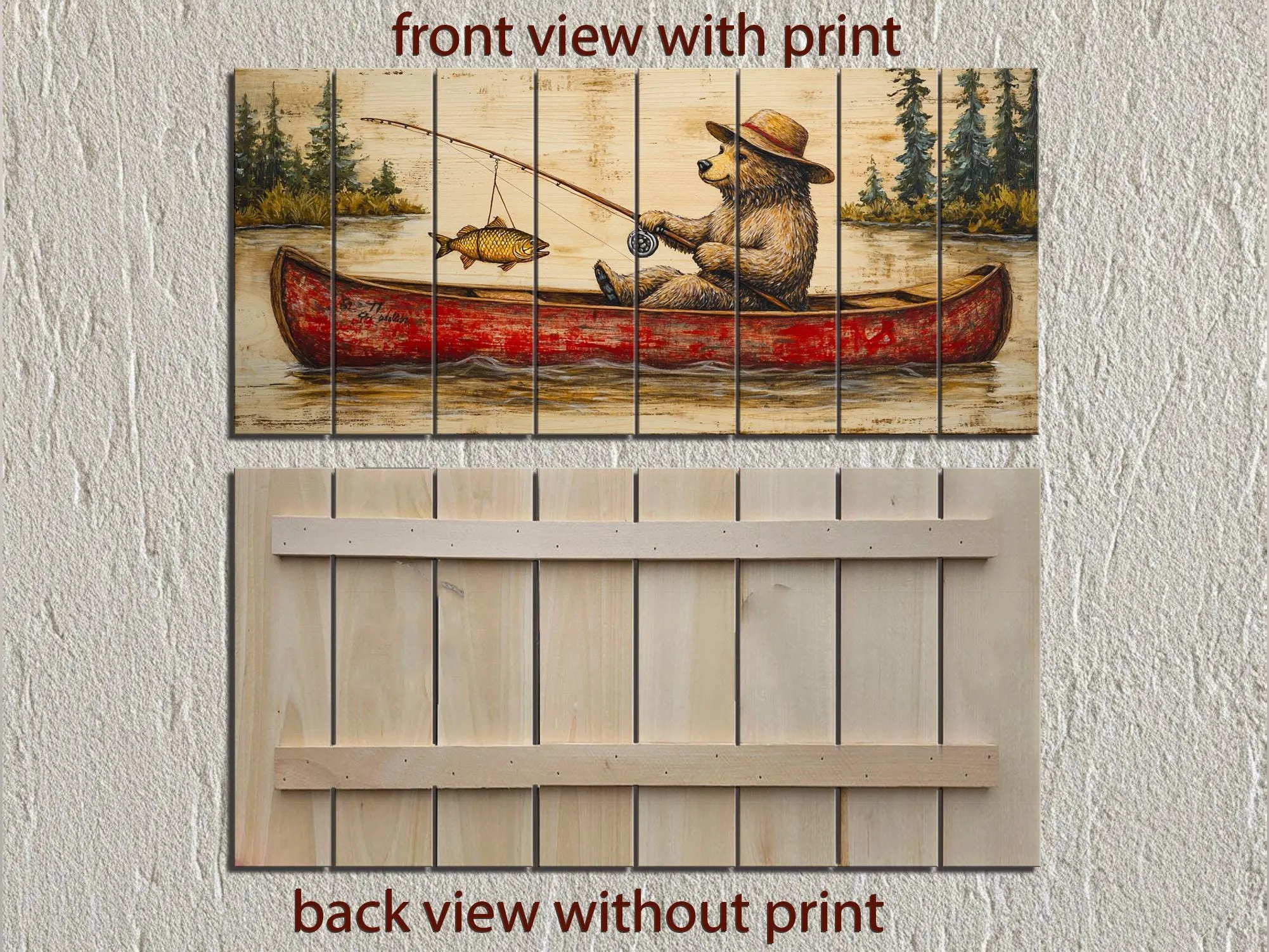 Bear Fishing In Red Canoe Distressed Wood Wall Art