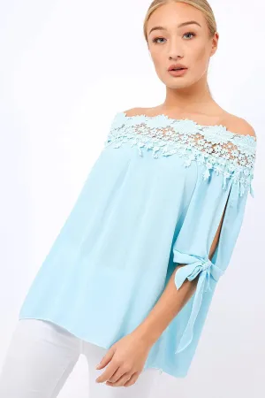 Blue Crochet Bardot Top - Evelina