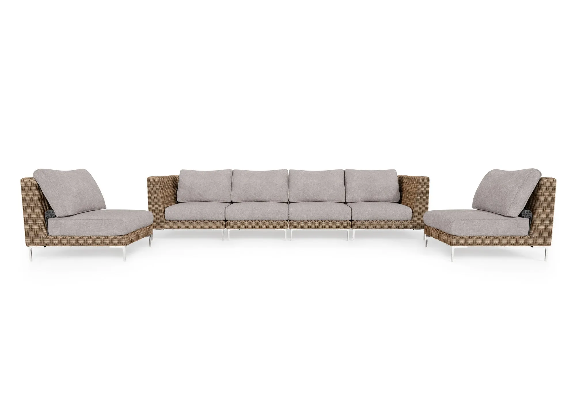 Brown Wicker Outdoor Sofa with Armless Chairs - 6 Seat