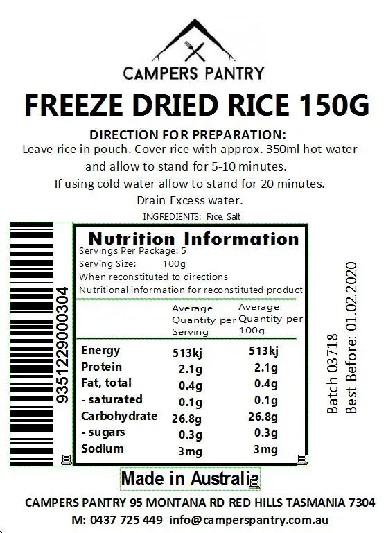 Campers Pantry Freeze Dried Rice - 150g