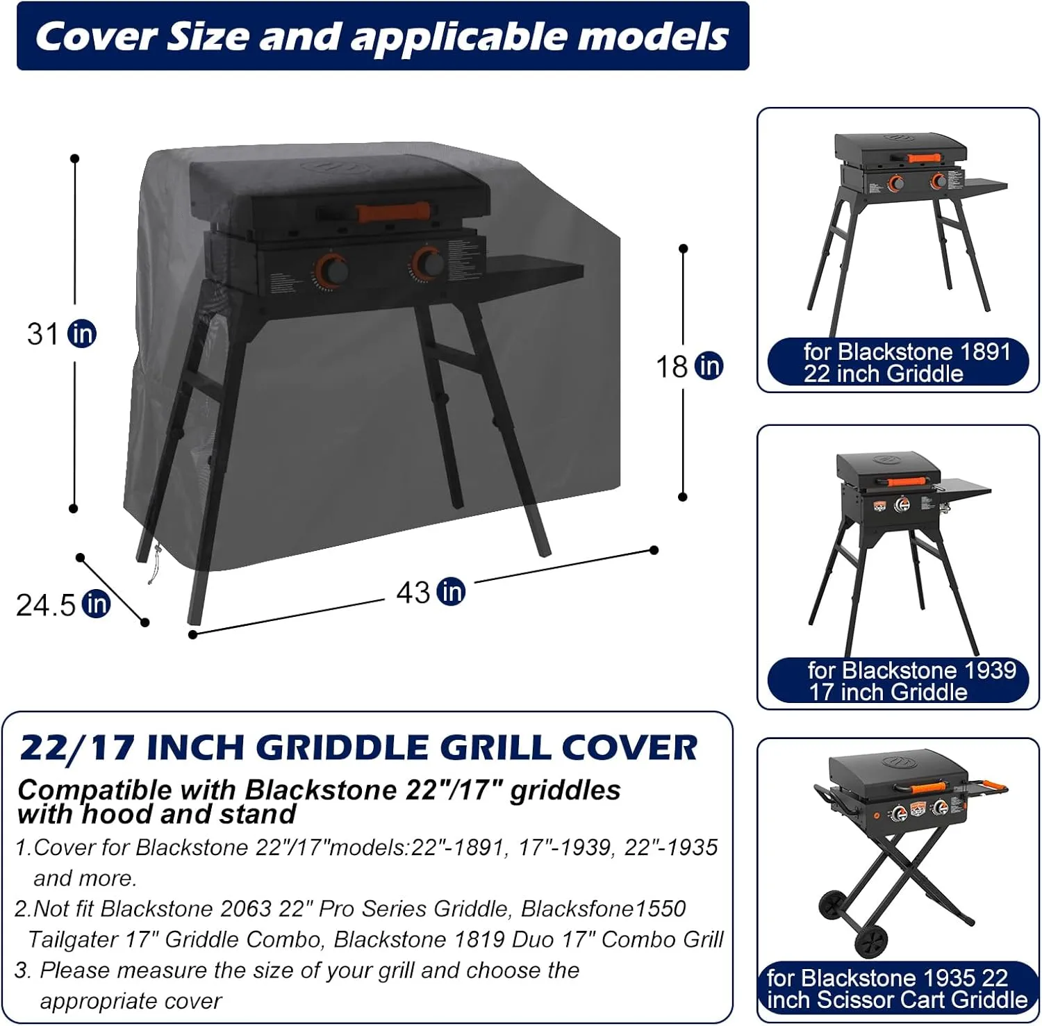 Griddle Grill Cover for Blackstone 22 inch and 17 inch with Hood (Cover Only)