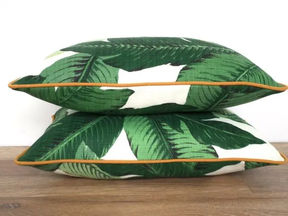 Isla Palm Print Throw Pillow - Green & White Fabric with Tan Piping - Various Sizes