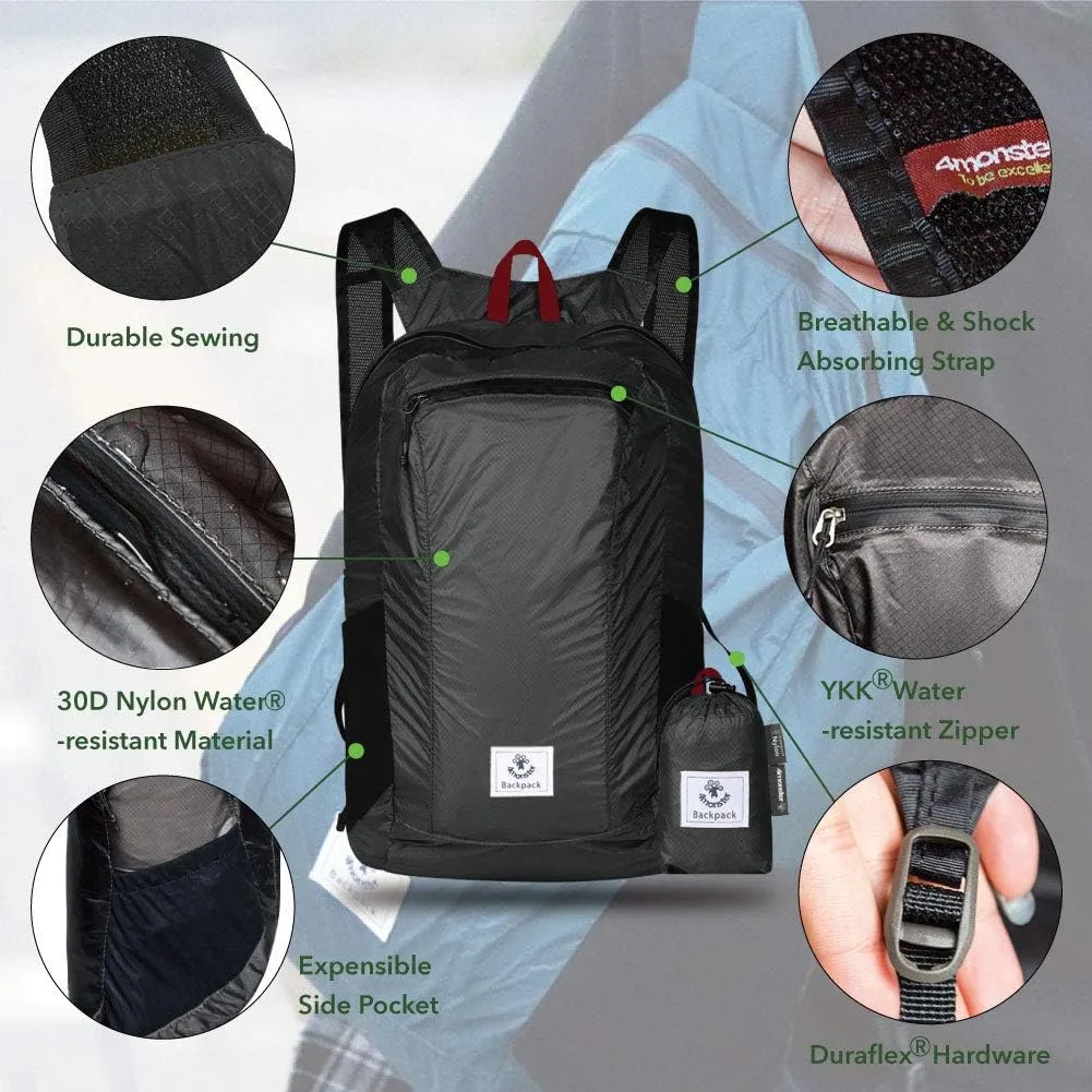 New 4Monster Hiking Daypack,Water Resistant Lightweight Packable Backpack for Travel Camping Outdoor, Black!