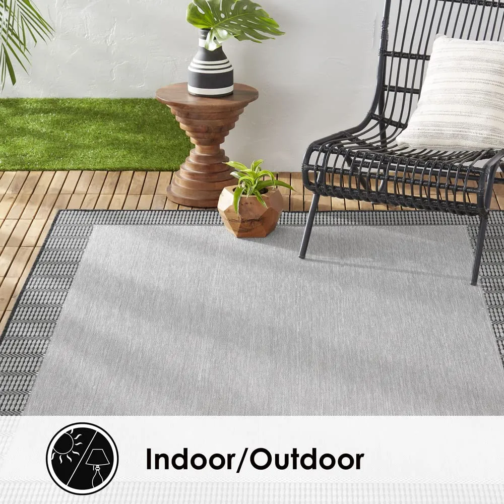 Nicole Miller New York Patio Country Landry Traditional Border Indoor/Outdoor Area Rug, Grey/Blue, 5'2"x7'2" - open_box