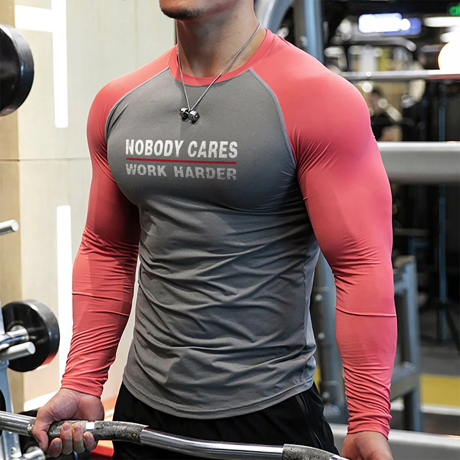 NOBODY CARES WORK HARDER  QUICK DRY MOISTURE WICKING RAGLAN GRAPHIC LONG SLEEVE T-SHIRT