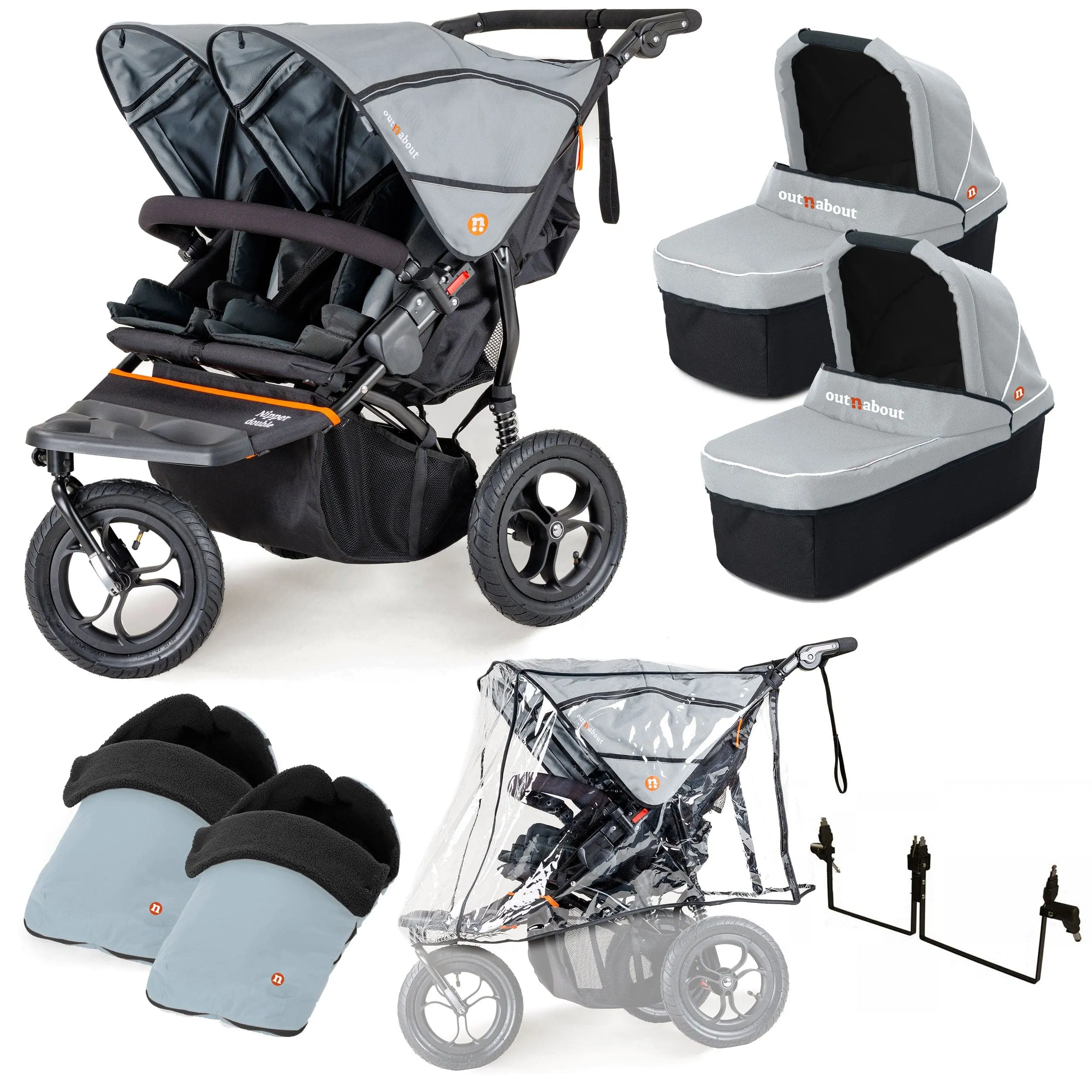 Out n About Nipper Double Twin Essentials Kit in Rock Salt Grey