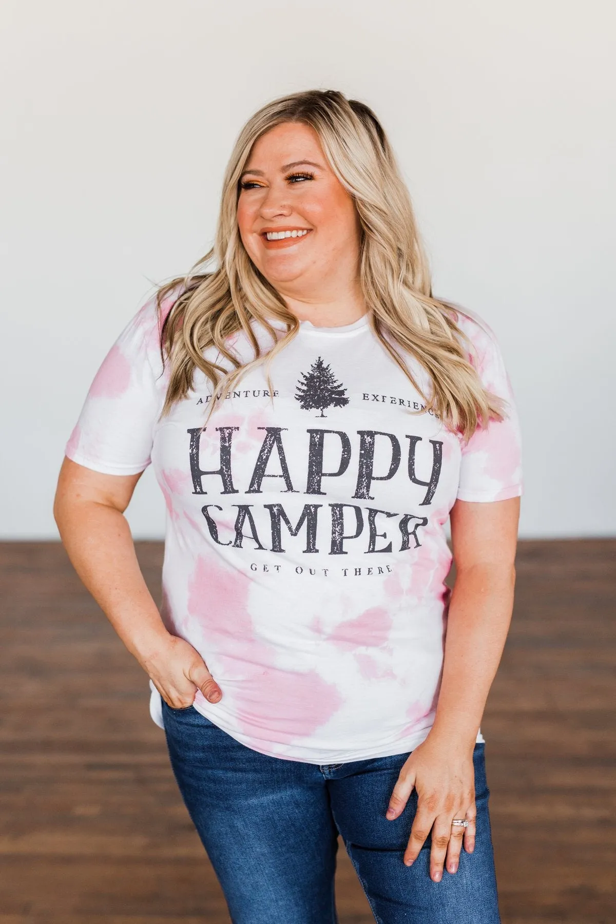 "Happy Camper" Tie Dye Graphic Tee- Pink & Ivory