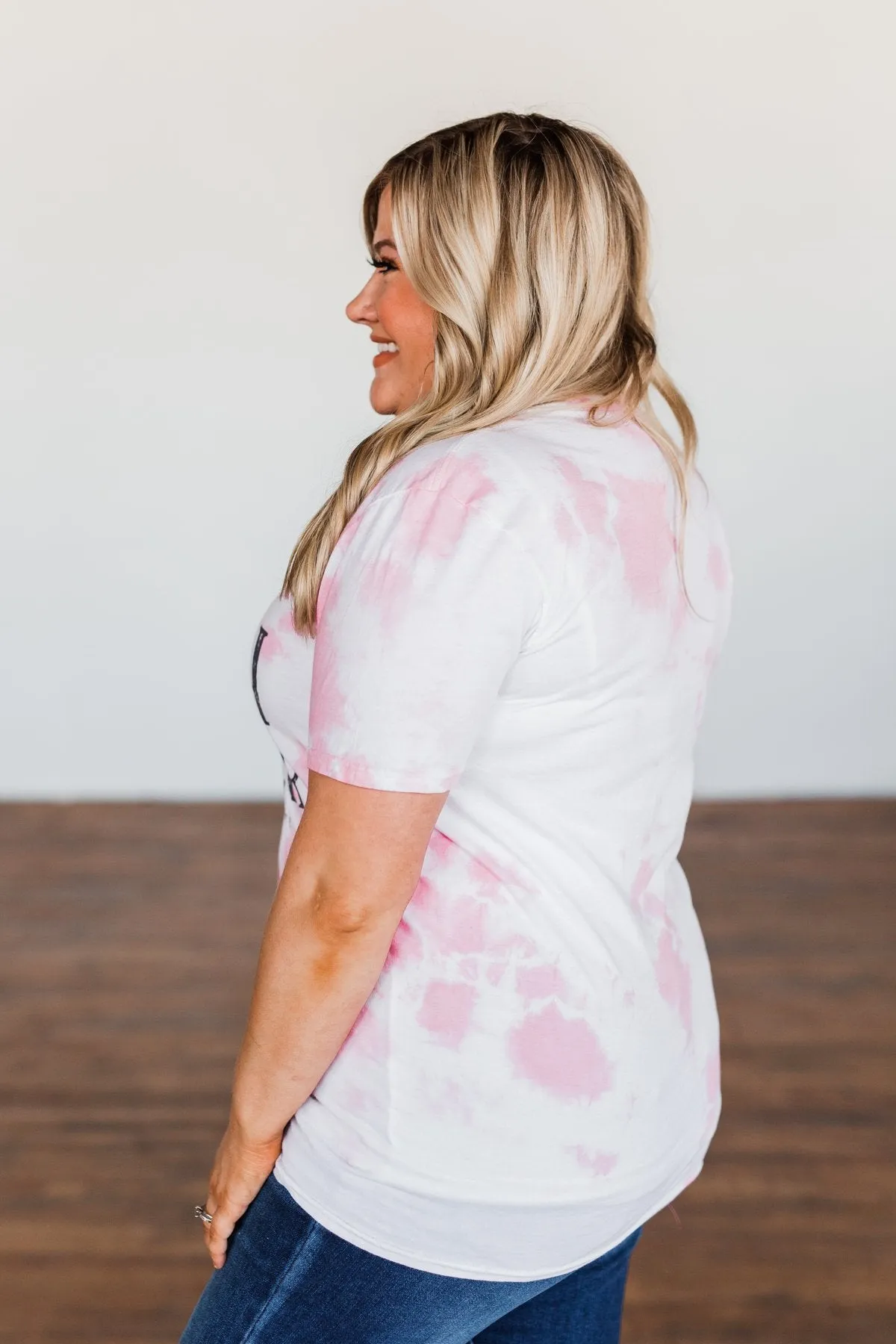 "Happy Camper" Tie Dye Graphic Tee- Pink & Ivory