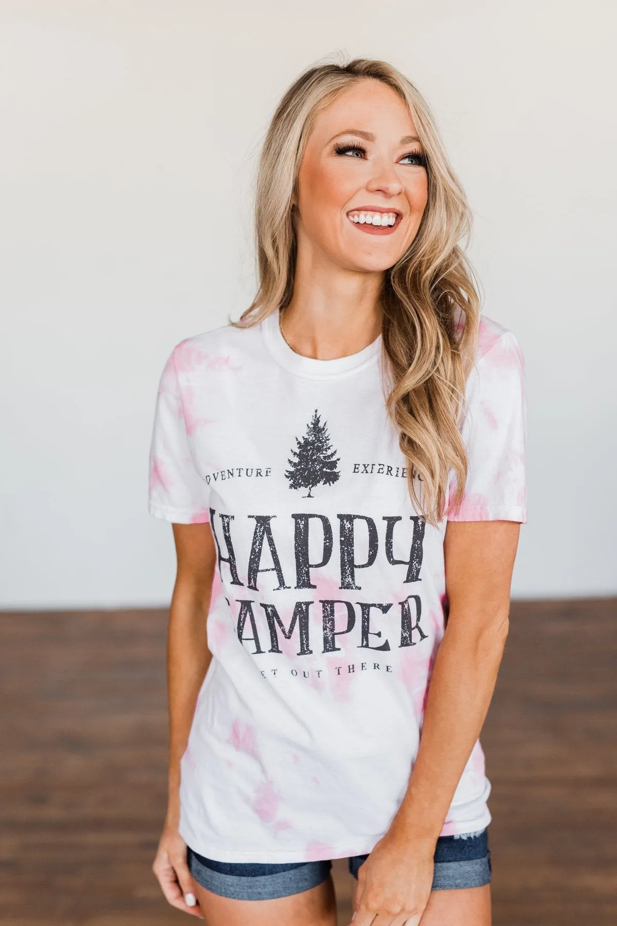 "Happy Camper" Tie Dye Graphic Tee- Pink & Ivory