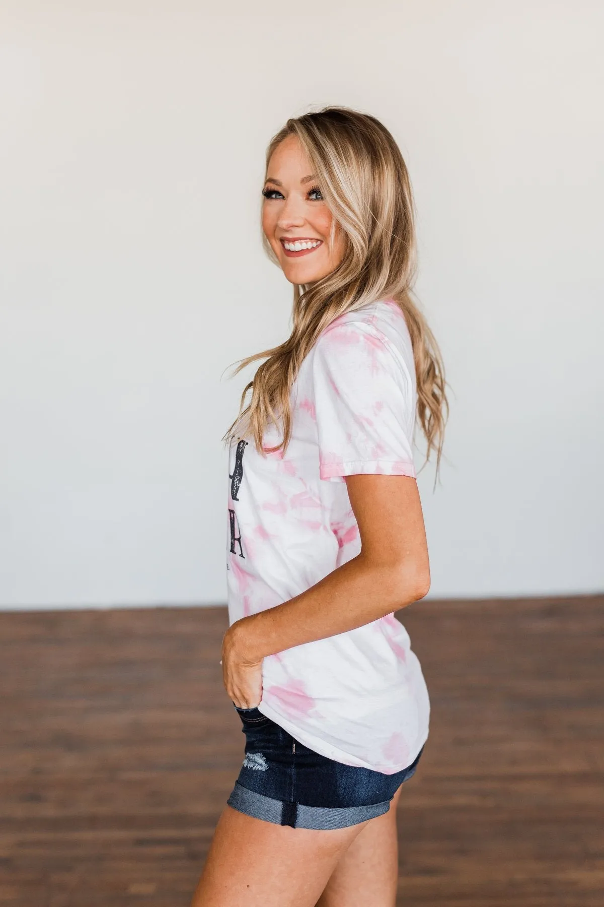 "Happy Camper" Tie Dye Graphic Tee- Pink & Ivory