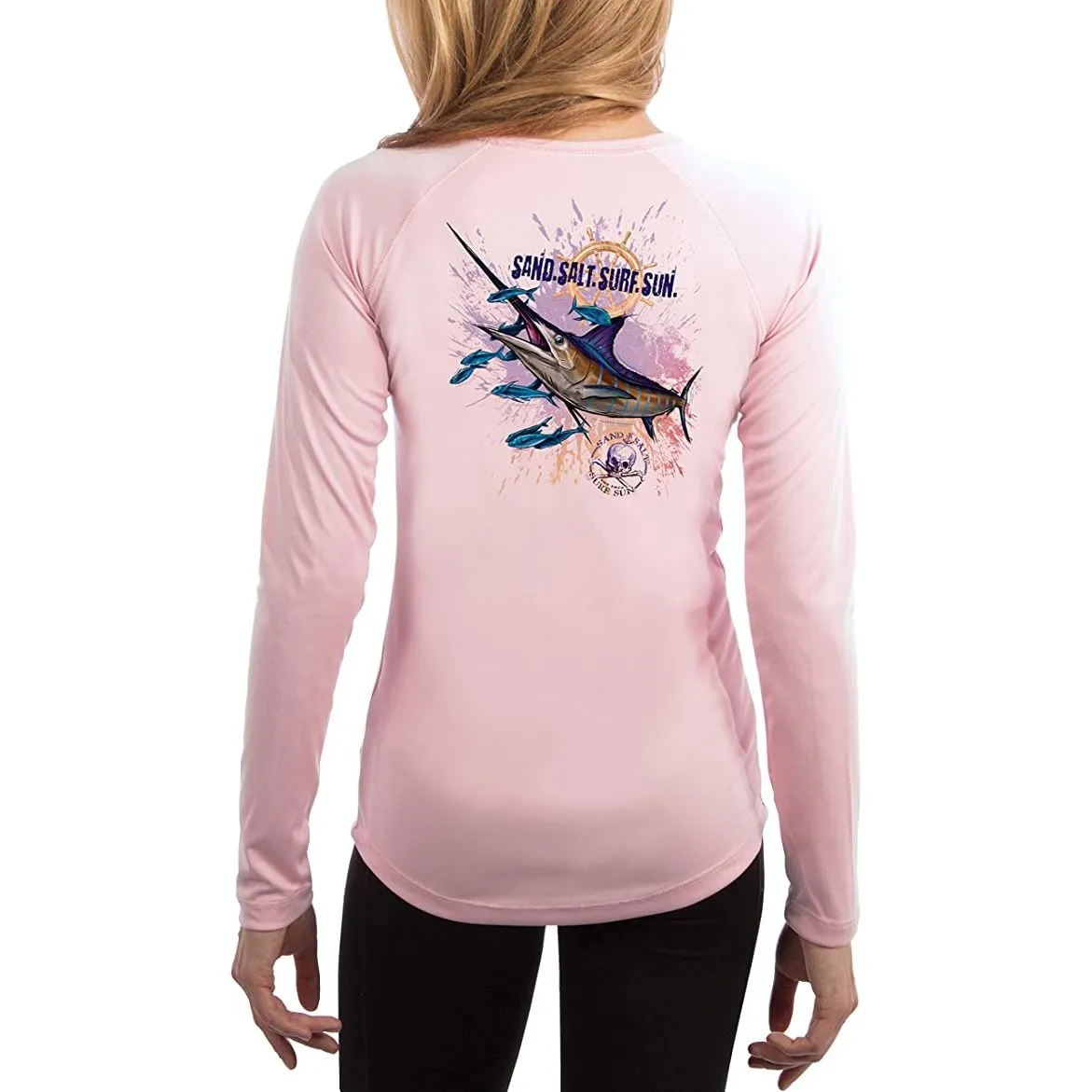 SAND.SALT.SURF.SUN. Blue Marlin Women's UPF 50  UV Sun Protection Performance Long Sleeve T-Shirt