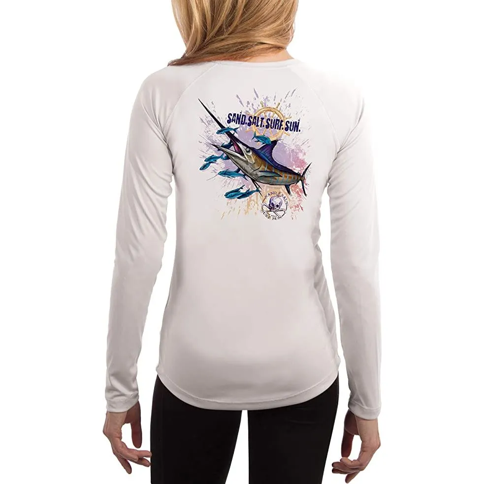 SAND.SALT.SURF.SUN. Blue Marlin Women's UPF 50  UV Sun Protection Performance Long Sleeve T-Shirt