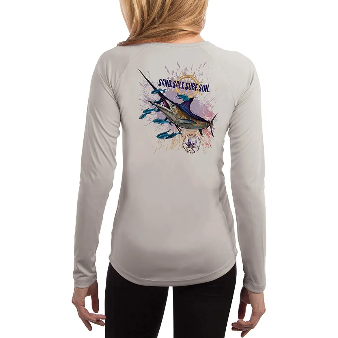 SAND.SALT.SURF.SUN. Blue Marlin Women's UPF 50  UV Sun Protection Performance Long Sleeve T-Shirt