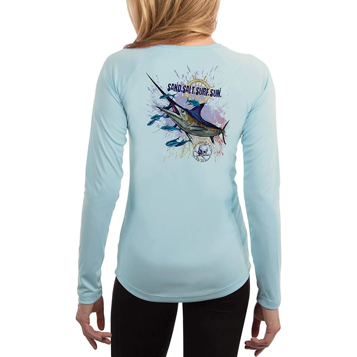 SAND.SALT.SURF.SUN. Blue Marlin Women's UPF 50  UV Sun Protection Performance Long Sleeve T-Shirt