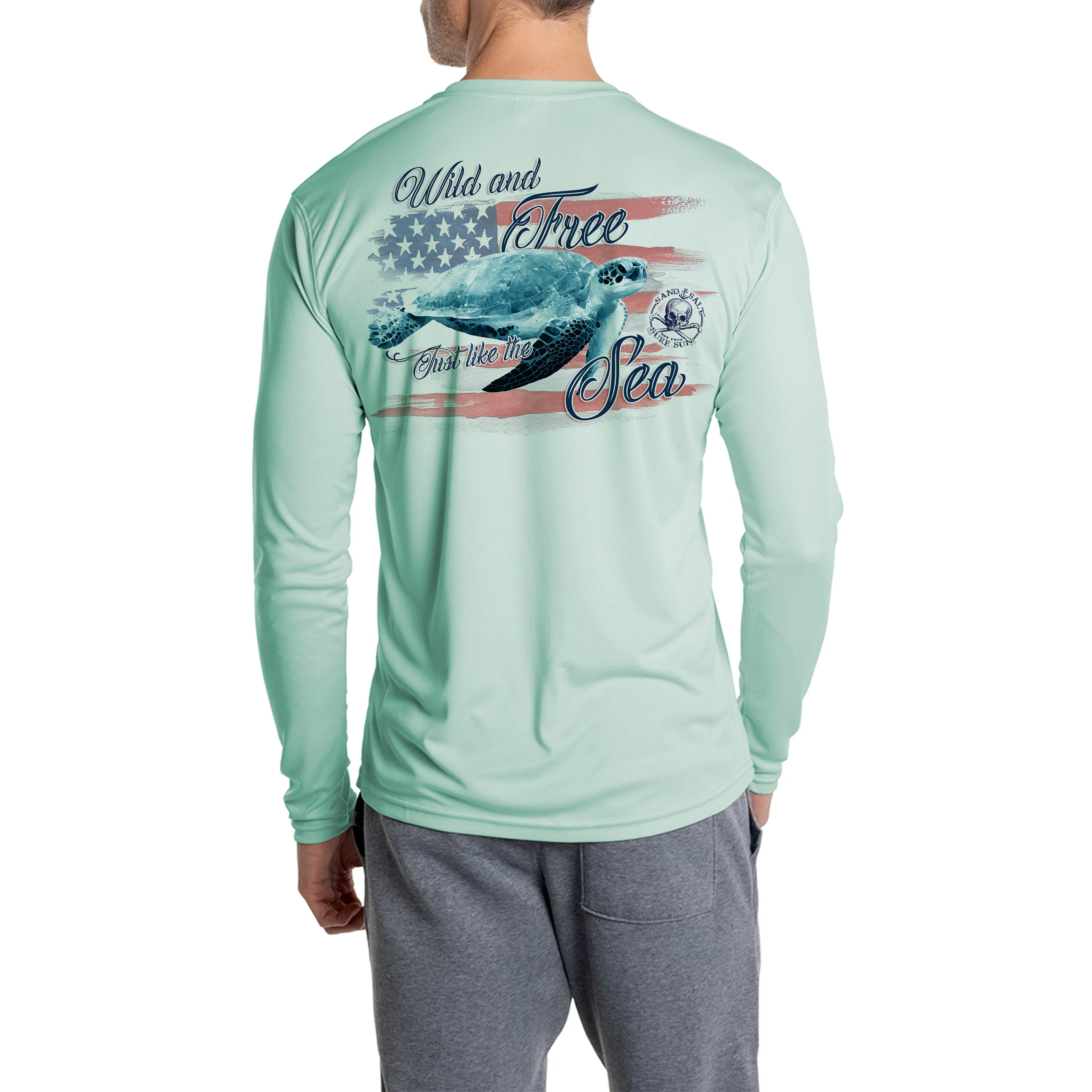 SAND.SALT.SURF.SUN. Flag Turtle Men's UPF 50  UV Sun Protection Performance Long Sleeve T-Shirt