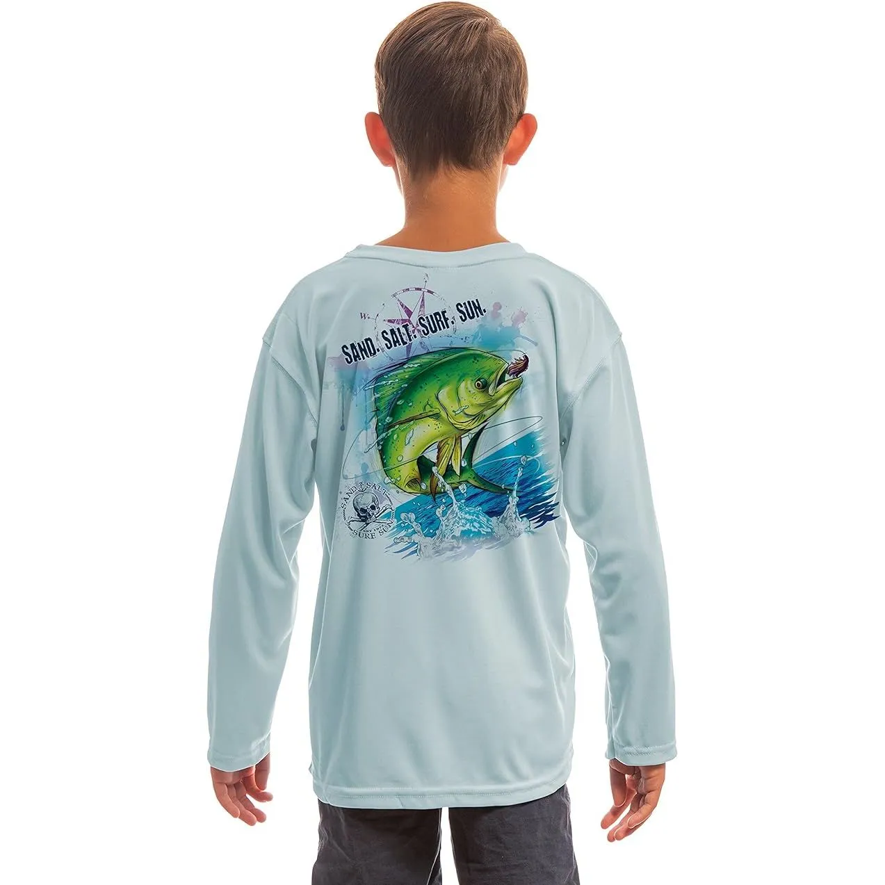 SAND.SALT.SURF.SUN. Saltwater Fish Dorado Youth UPF 50  UV Sun Protection Performance Long Sleeve T-Shirt