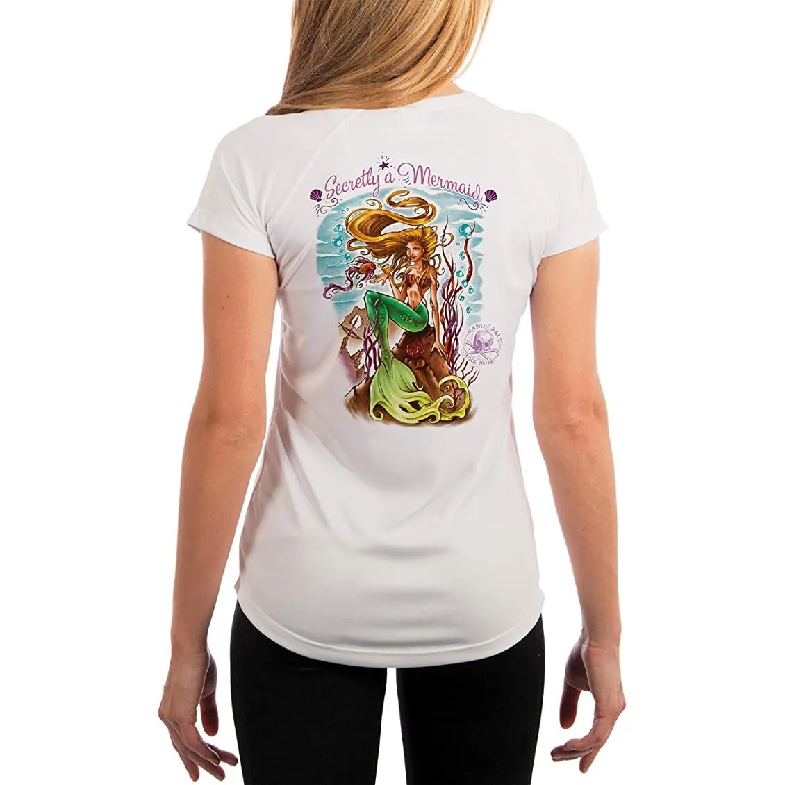 SAND.SALT.SURF.SUN. Secretly A Mermaid Women's UPF 50  UV Sun Protection Performance Short Sleeve T-Shirt