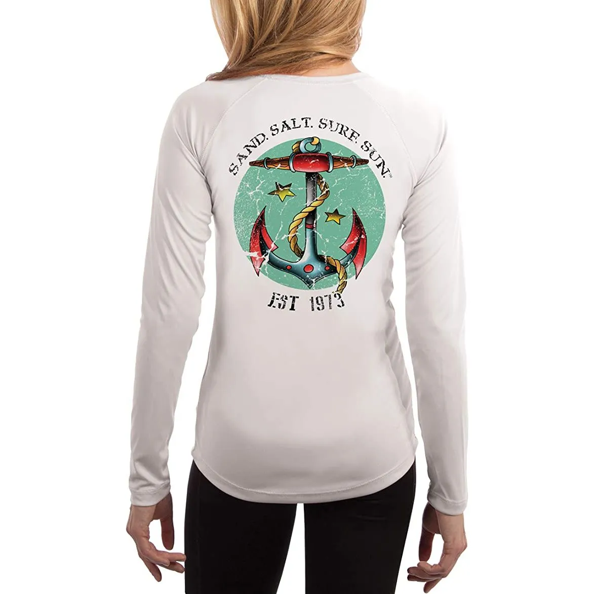 SAND.SALT.SURF.SUN. Traditional Tattoo Anchor Women's UPF 50  UV Sun Protection Performance Long Sleeve T-Shirt