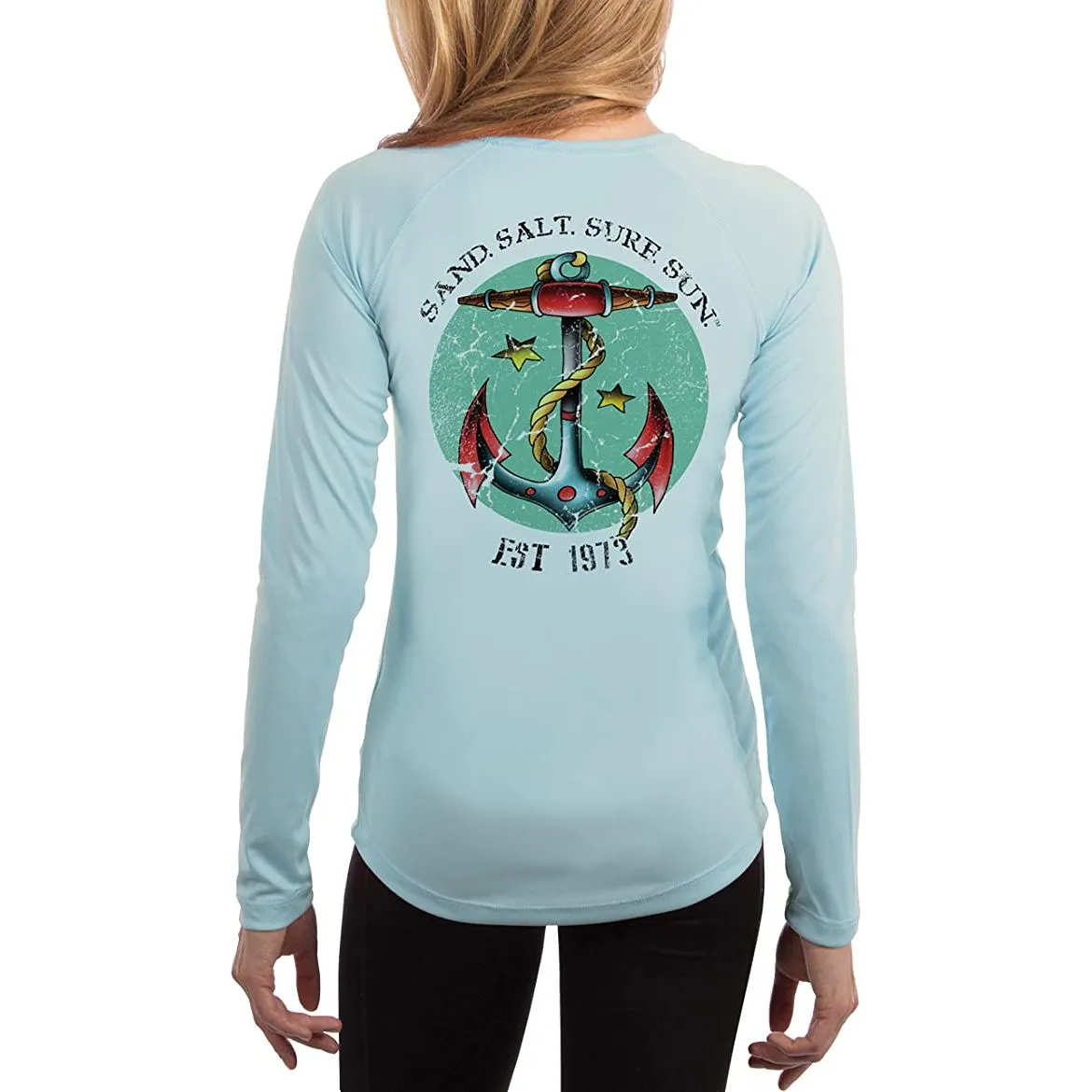 SAND.SALT.SURF.SUN. Traditional Tattoo Anchor Women's UPF 50  UV Sun Protection Performance Long Sleeve T-Shirt