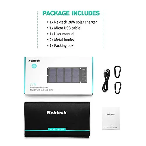Solar Charger, Nekteck 28W Foldable Portable Solar Charger, Waterproof Camping Gear Sunpowered Charger with 2 USB Port for iPhone 12/11/Xs, iPad, MacBook, Samsung Galaxy, Tablet and Any USB Devices