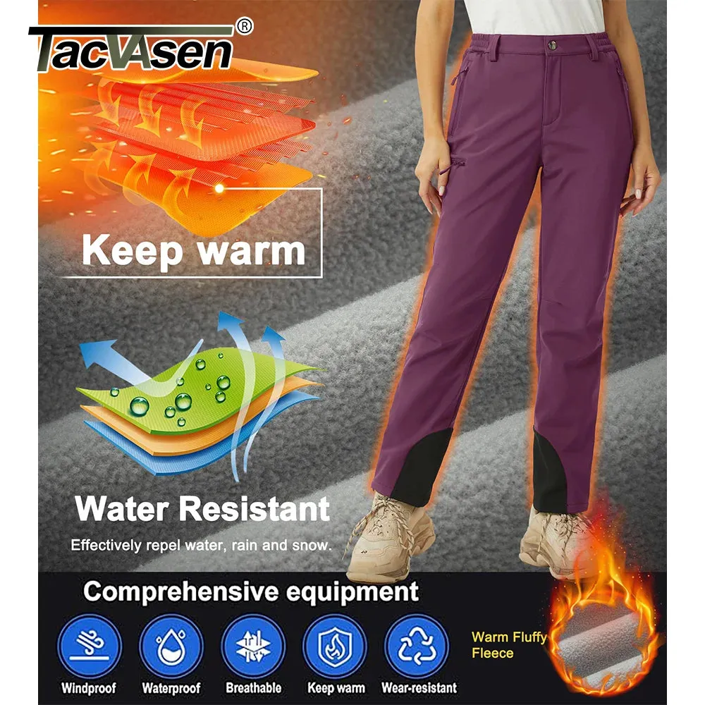 TACVASEN Winter Softshell Pants Women Fleece Lined Waterproof Moutain Pants Snow Ski Hiking Trekking Zipper Pockets Trousers