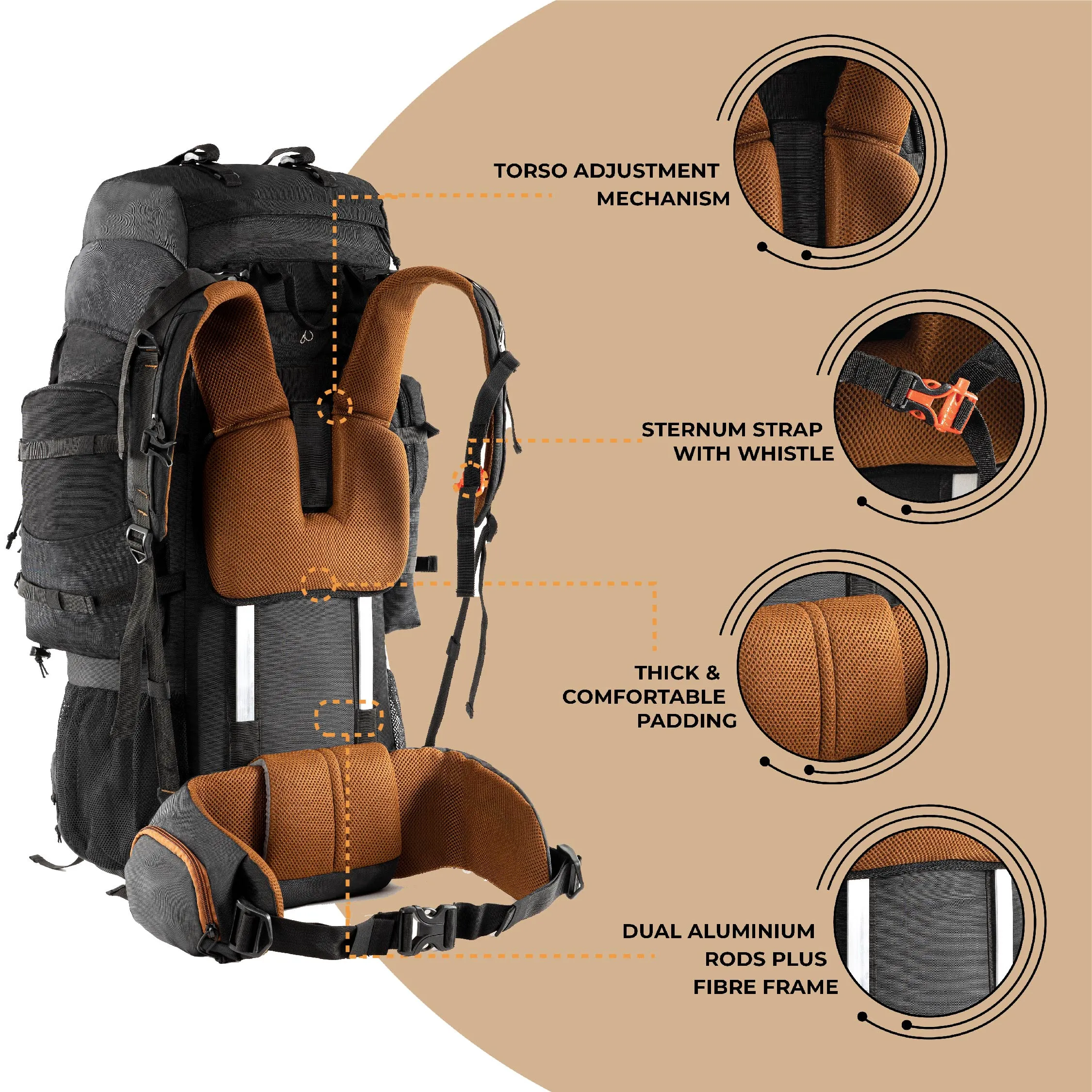 Tripole Walker Pro Metal Frame Rucksack with Rain Cover for Trekking & Travel | Front Opening | Laptop Sleeve | Men & Women | 5 Year Warranty| 60 Litre Black