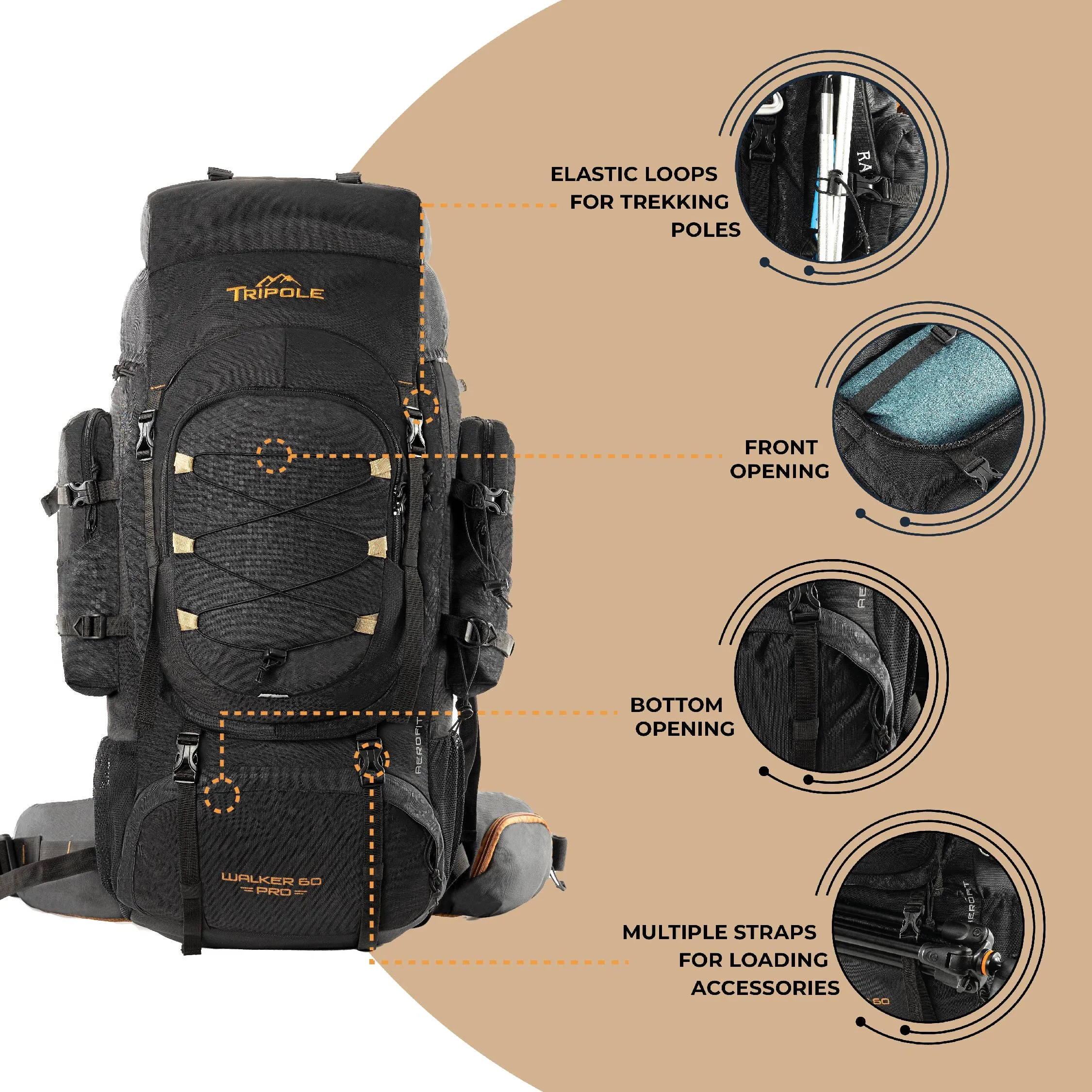 Tripole Walker Pro Metal Frame Rucksack with Rain Cover for Trekking & Travel | Front Opening | Laptop Sleeve | Men & Women | 5 Year Warranty| 60 Litre Black