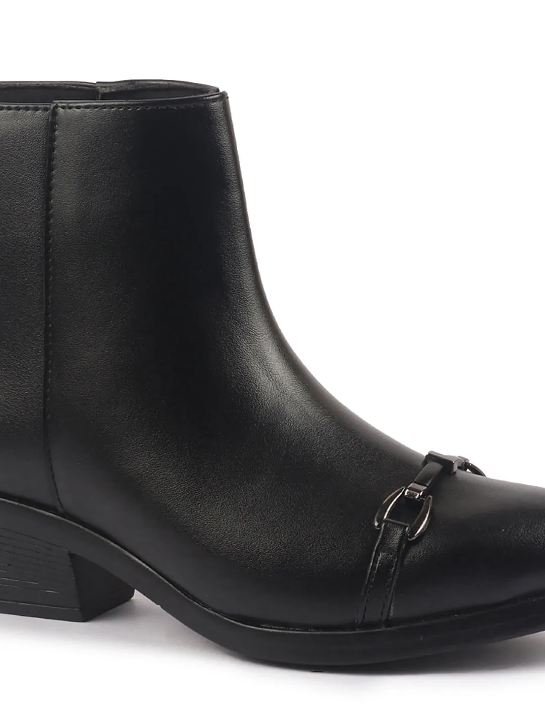 Women Black Flared Heel High Ankle Back Side Zipper Horsebit Buckle Chelsea Work Boots|Outdoor Boots|Formal Boots