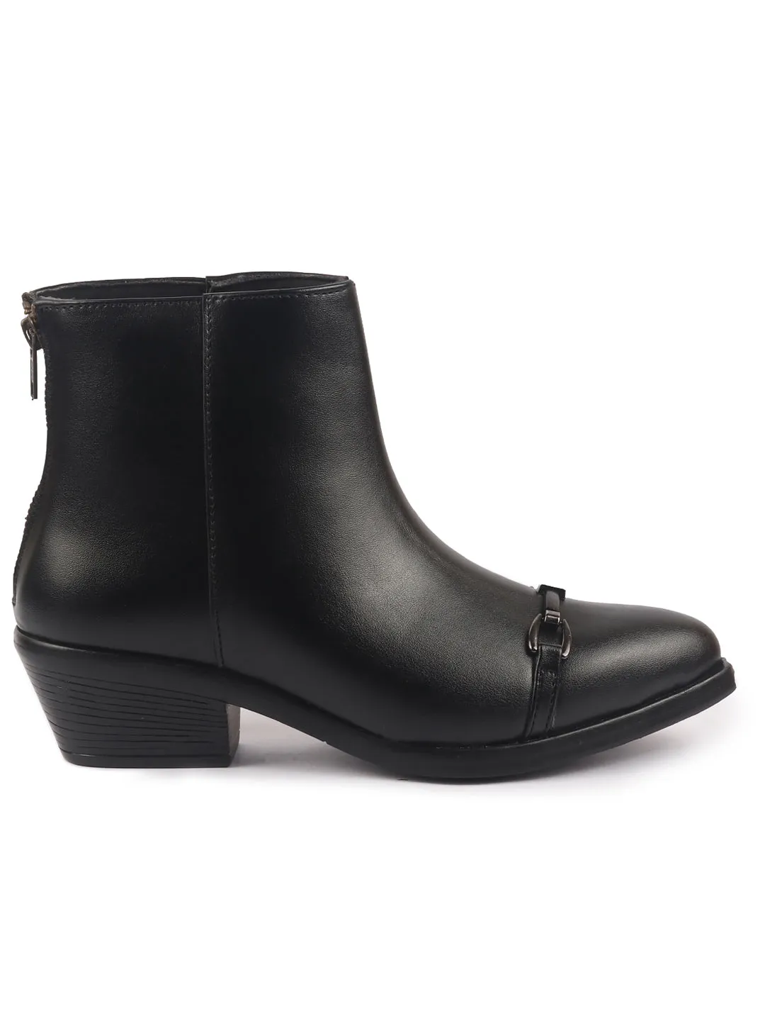 Women Black Flared Heel High Ankle Back Side Zipper Horsebit Buckle Chelsea Work Boots|Outdoor Boots|Formal Boots