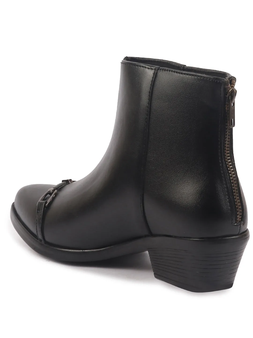 Women Black Flared Heel High Ankle Back Side Zipper Horsebit Buckle Chelsea Work Boots|Outdoor Boots|Formal Boots