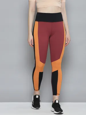 Women's Maroon & Rust Orange Colourblocked Cross Workout Quick Dry Tights