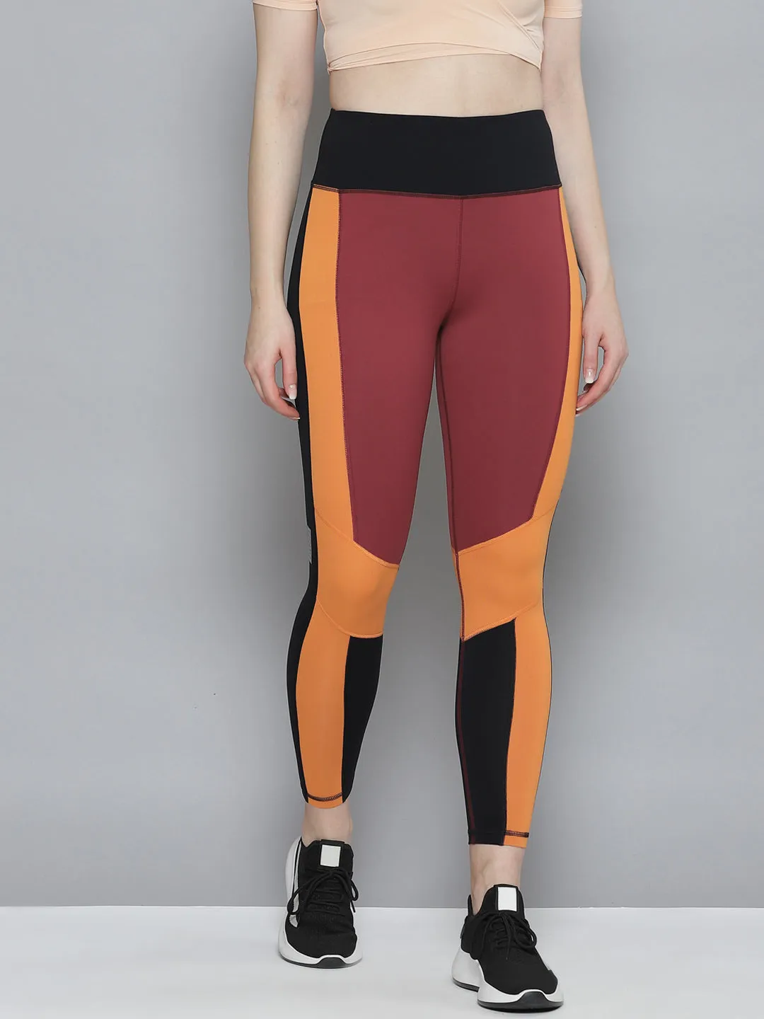 Women's Maroon & Rust Orange Colourblocked Cross Workout Quick Dry Tights