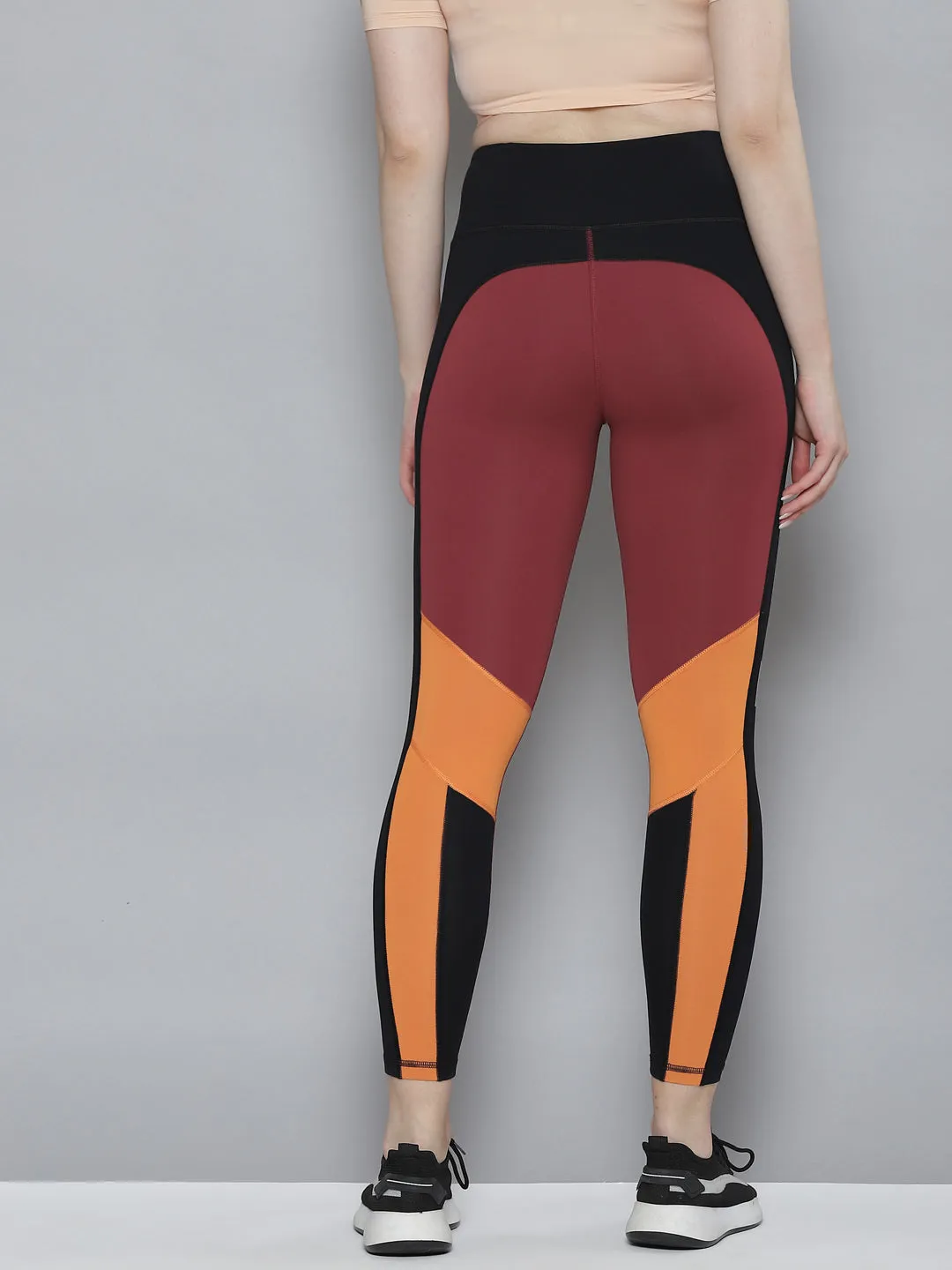 Women's Maroon & Rust Orange Colourblocked Cross Workout Quick Dry Tights