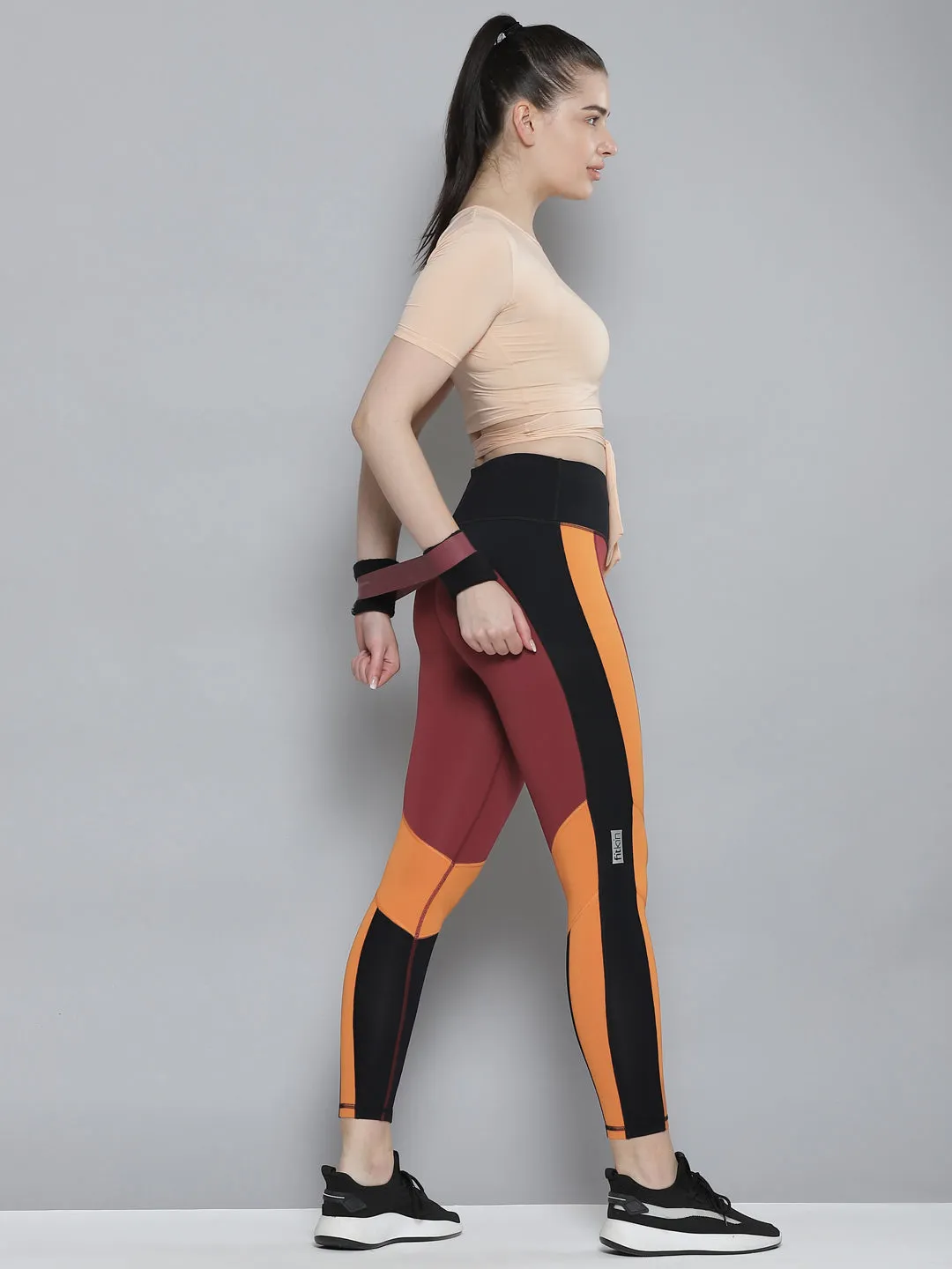 Women's Maroon & Rust Orange Colourblocked Cross Workout Quick Dry Tights