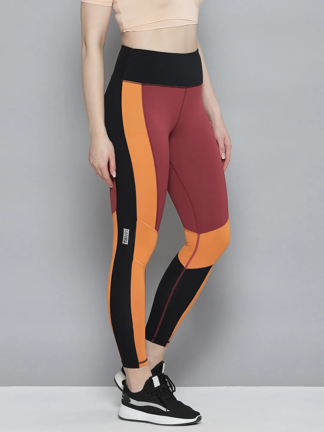 Women's Maroon & Rust Orange Colourblocked Cross Workout Quick Dry Tights