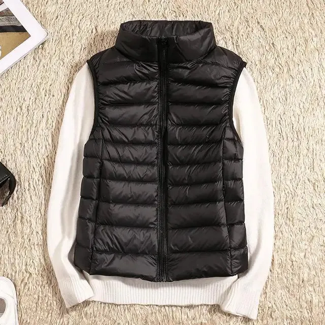 Women’s Quilted Vest – Sleeveless – High Neck – Zip-Up – Lightweight Padded Layer